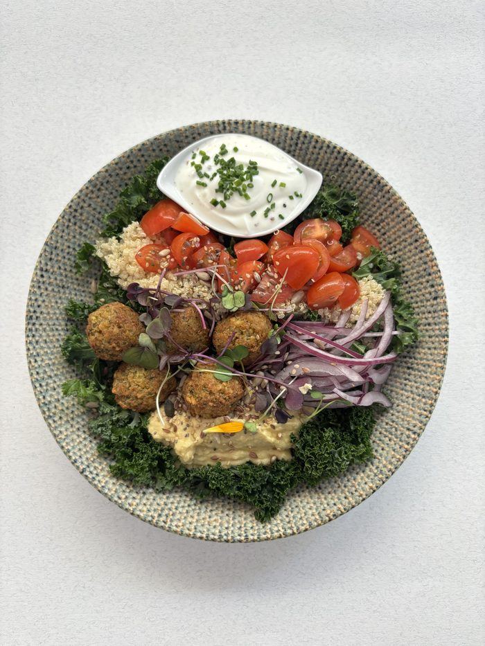 Falafel bowl with kale, quinoa and hummus.