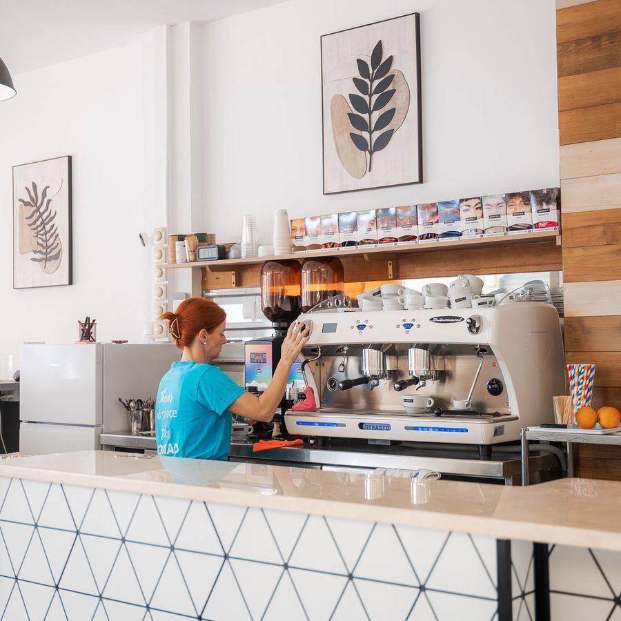 The counter at Café Nomad, looking out to the sea.